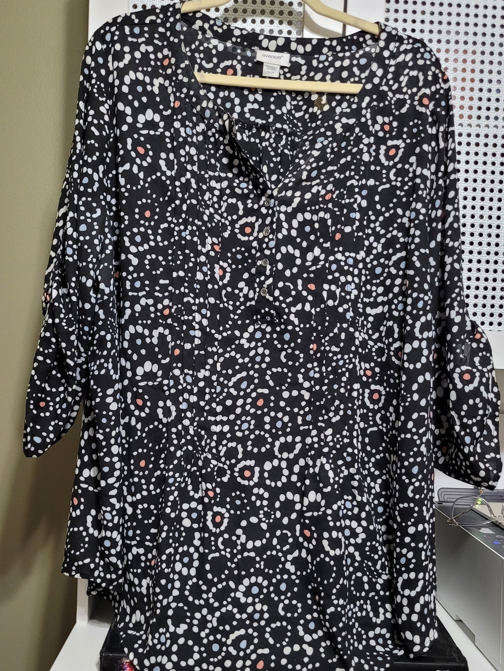 Avenue Black Dot-Print Tunic with Blue and Coral Highlights